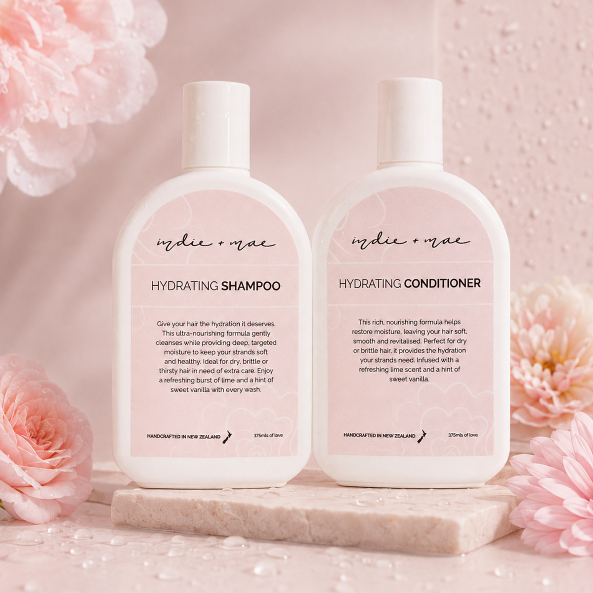 Indie + Mae Hydrating Duo with shampoo and conditioner, styled product photo
