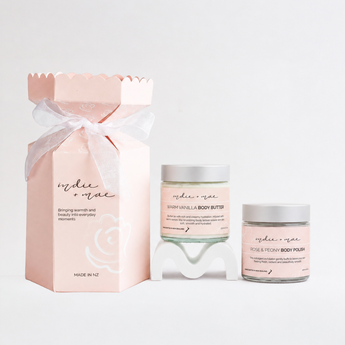 Indie + Mae Glow Cracker Gift Set with Warm Vanilla Body Butter and Rose & Peony Body Polish, gift presentation