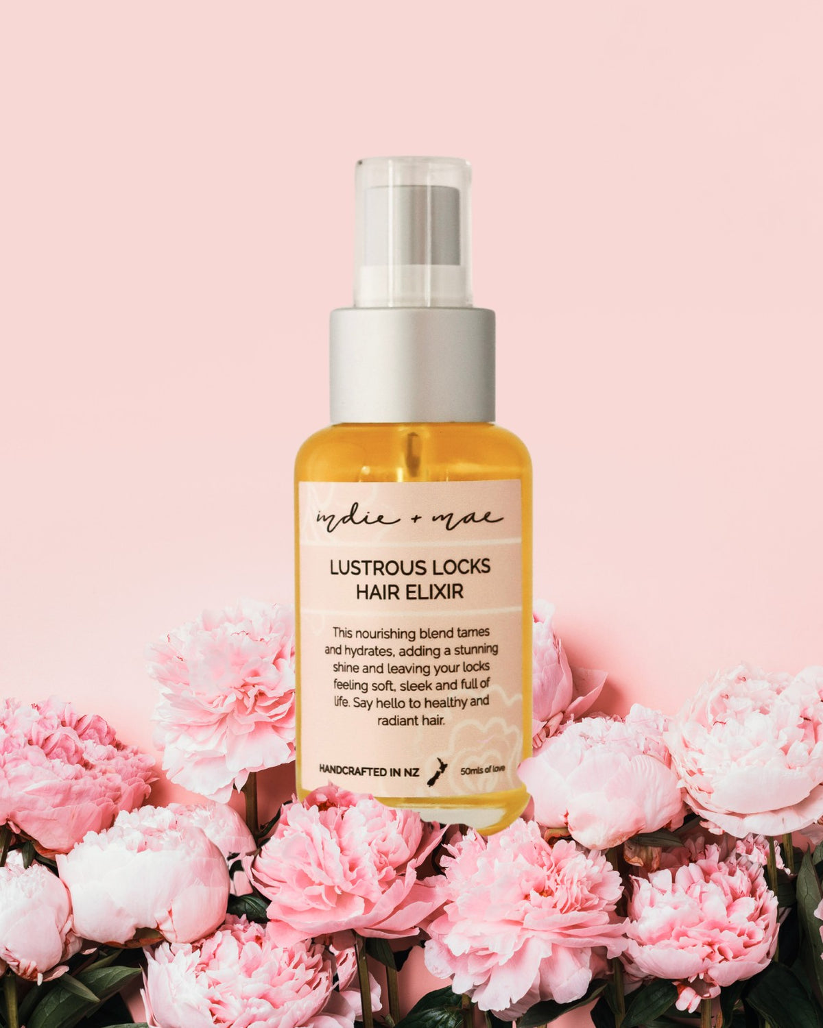 Indie + Mae Lustrous Locks Hair Elixir bottle, alternative product view