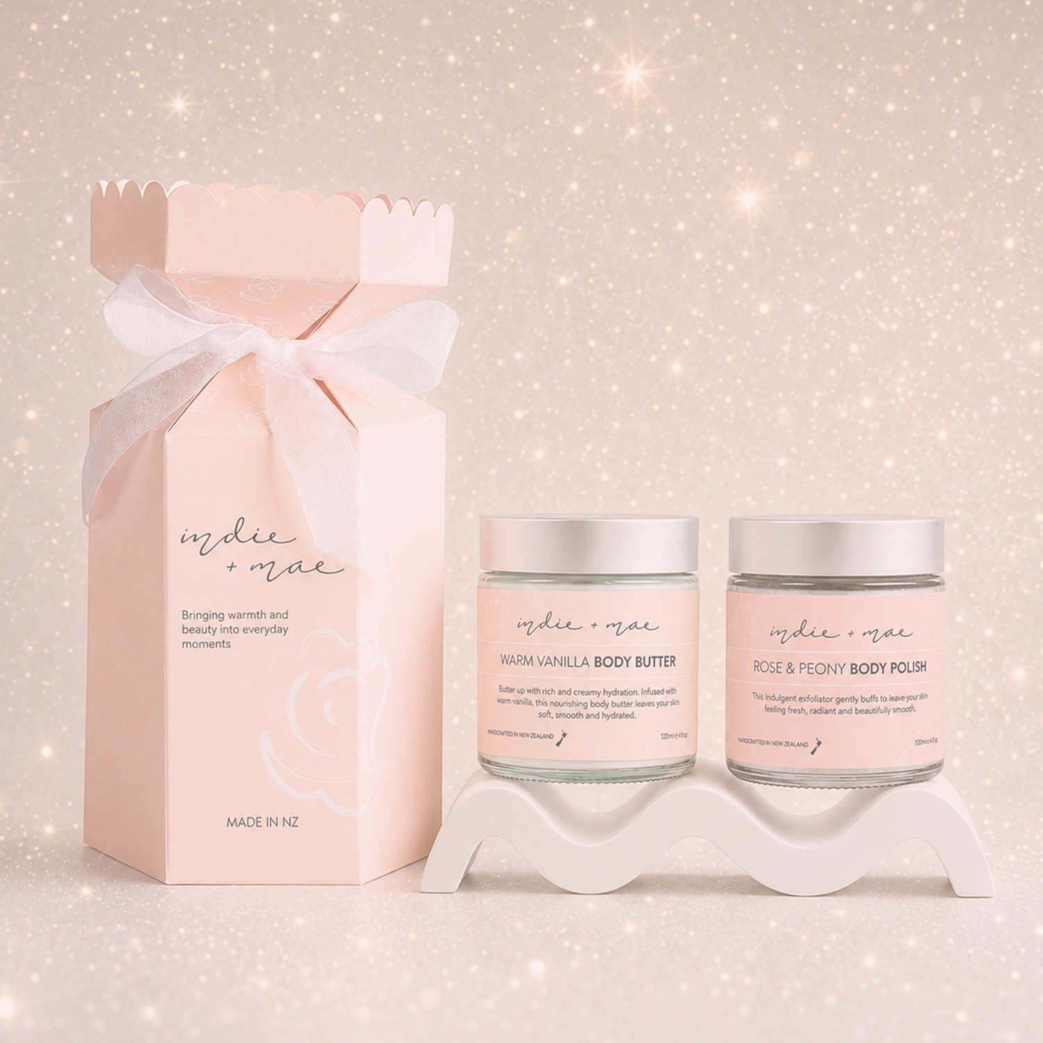 Indie + Mae Glow Cracker Gift Set with Warm Vanilla Body Butter and Rose & Peony Body Polish