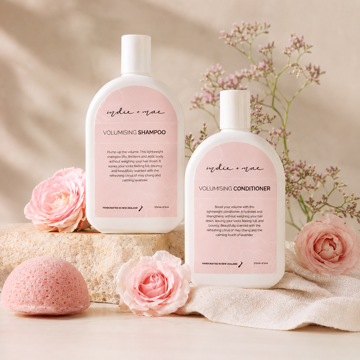 Indie + Mae Volumising Duo with shampoo and conditioner, styled product photo