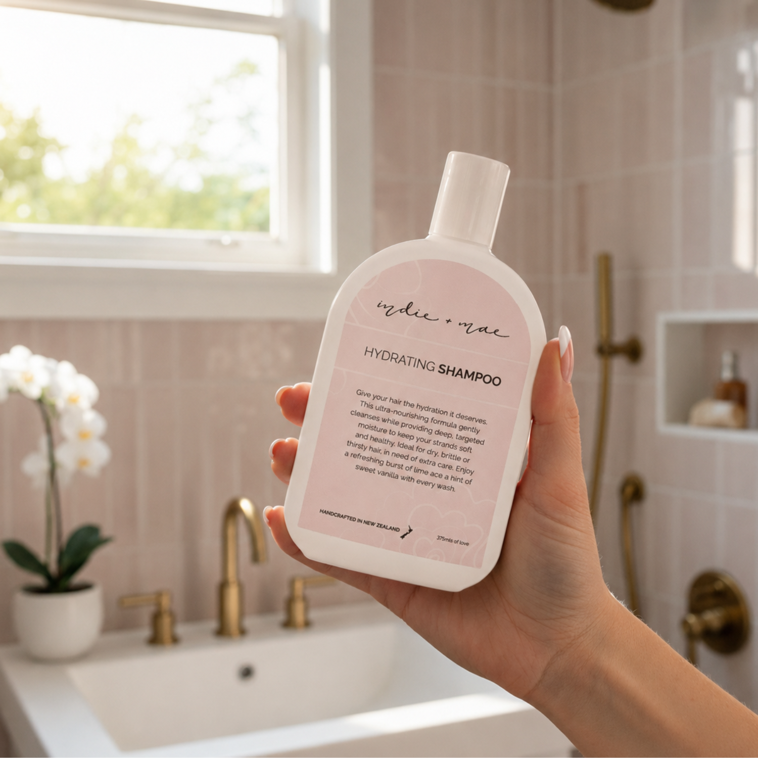 Indie + Mae Hydrating Shampoo bottle, styled product photo