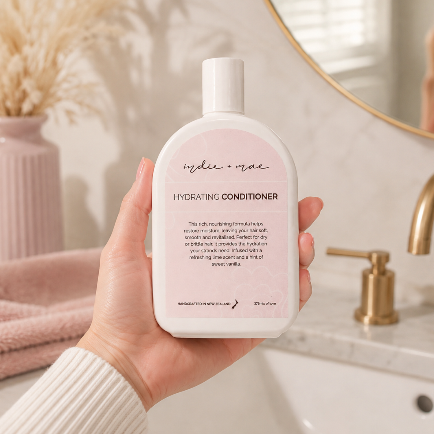 Indie + Mae Hydrating Conditioner bottle, styled product photo
