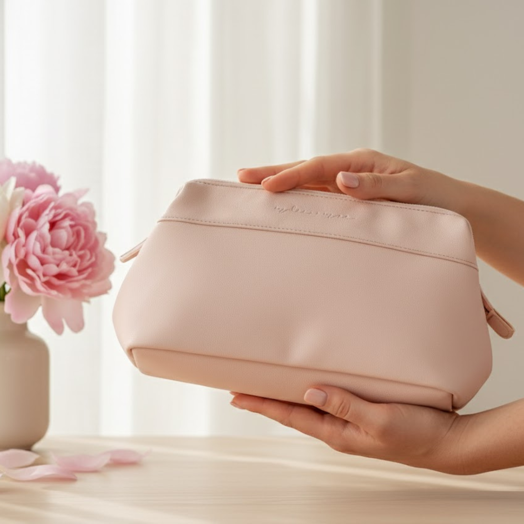Person holding a pink cosmetic bag with flowers in the background  | Indie + Mae | Gifts Under $50